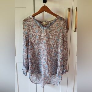 Democracy Blouse Womens L Blue Brown Patterned Boho